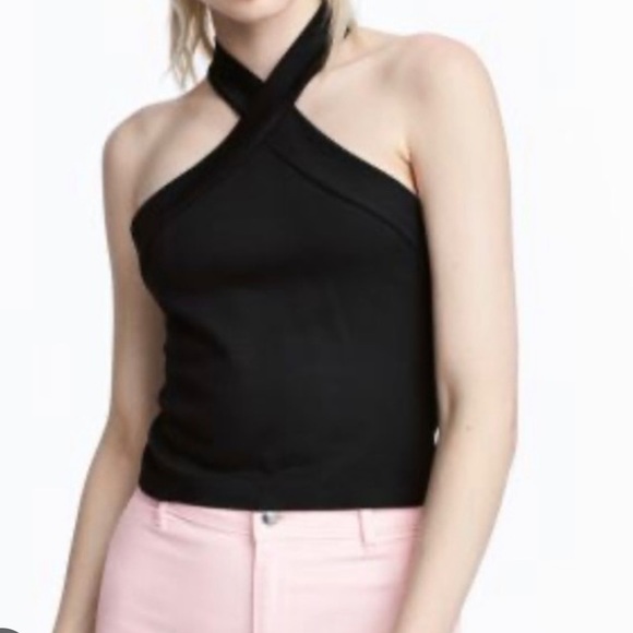 Divided by H&M high‎ neck criss cross zipper back black crop top size Small - Picture 1 of 9